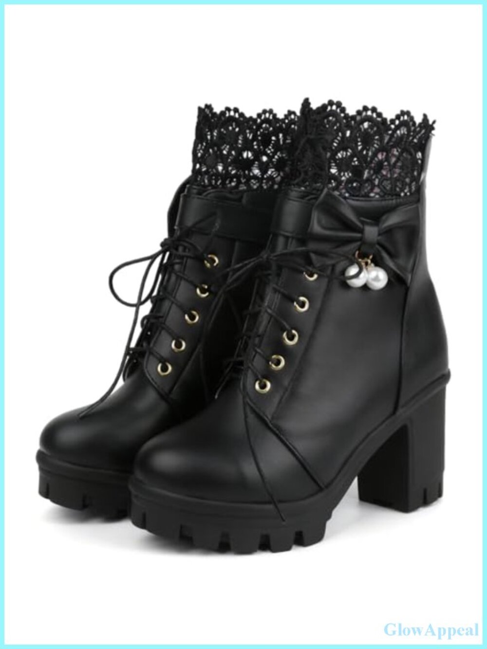 Women's Gothic Platform Ankle Boots Lace Up Combat Boots with Pearl